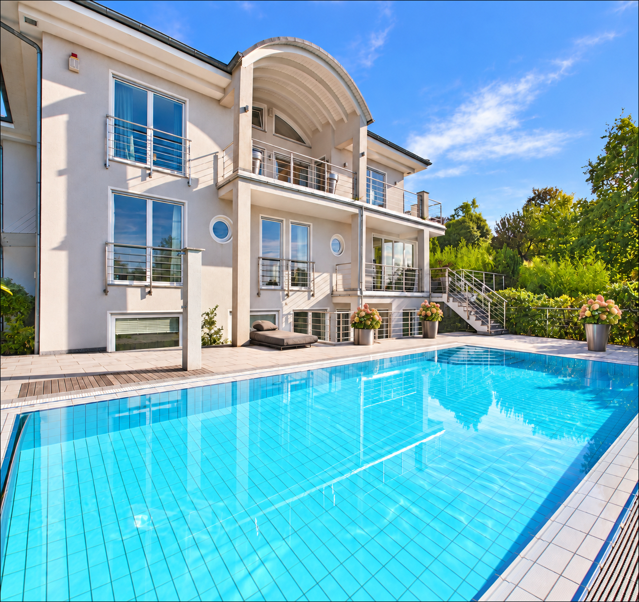Luxusvilla mit Pool und Hortensien